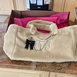 Katie J NYC Cream Faux Fur Tote with Pearl & Bow Charms